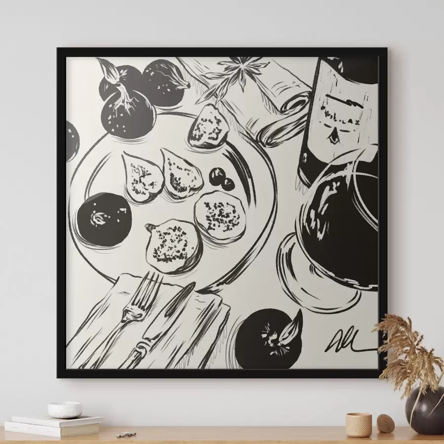 murales de pared Dibujo en blanco y negro de una mesa con fruta y un vaso f48030