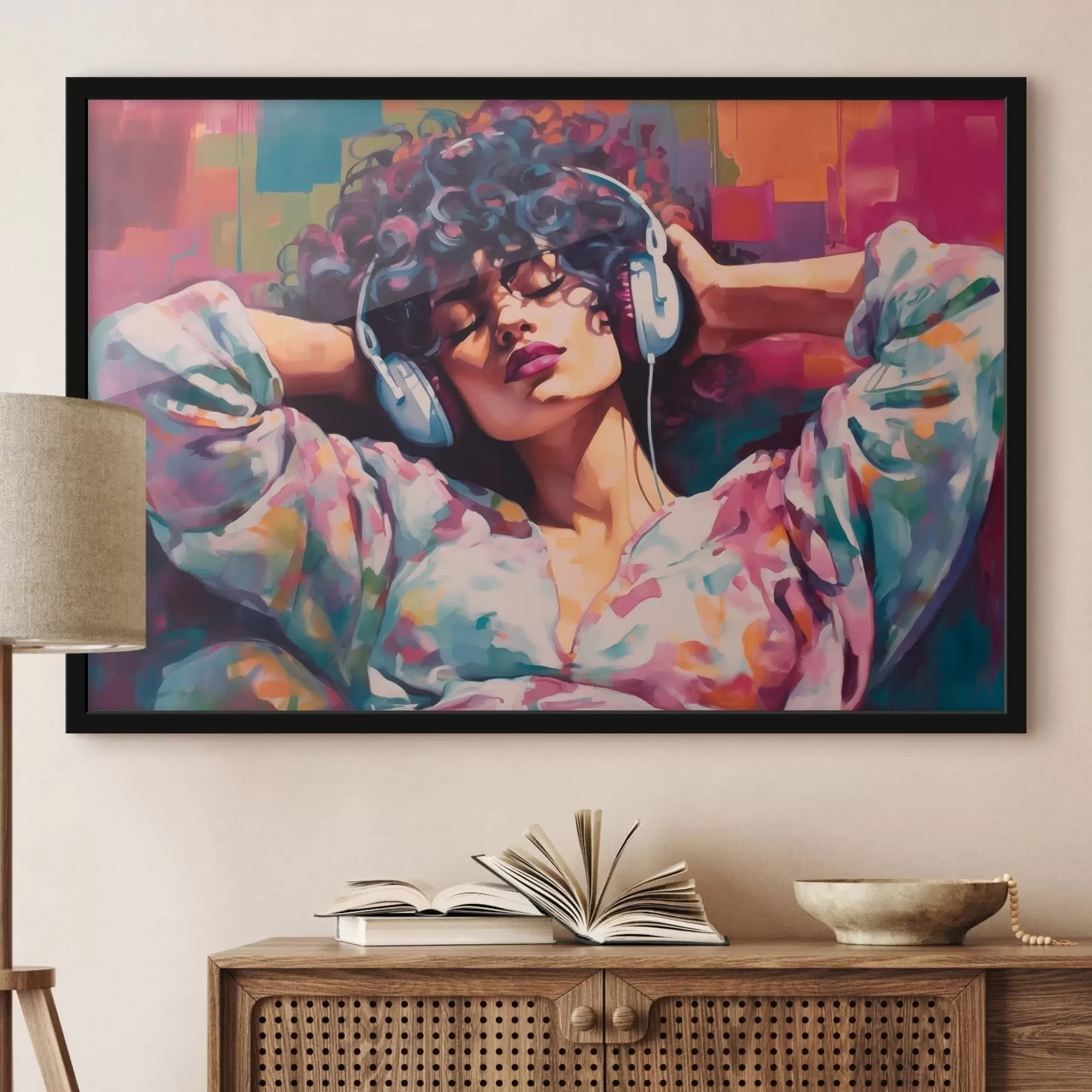 murales de pared Mujer con auriculares en un estilo pictórico colorido f48335