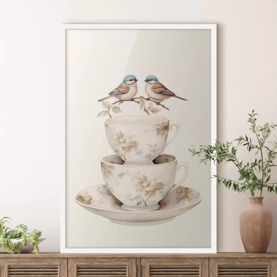 murales de pared Dos pájaros en una rama sobre unas tazas de té f48347