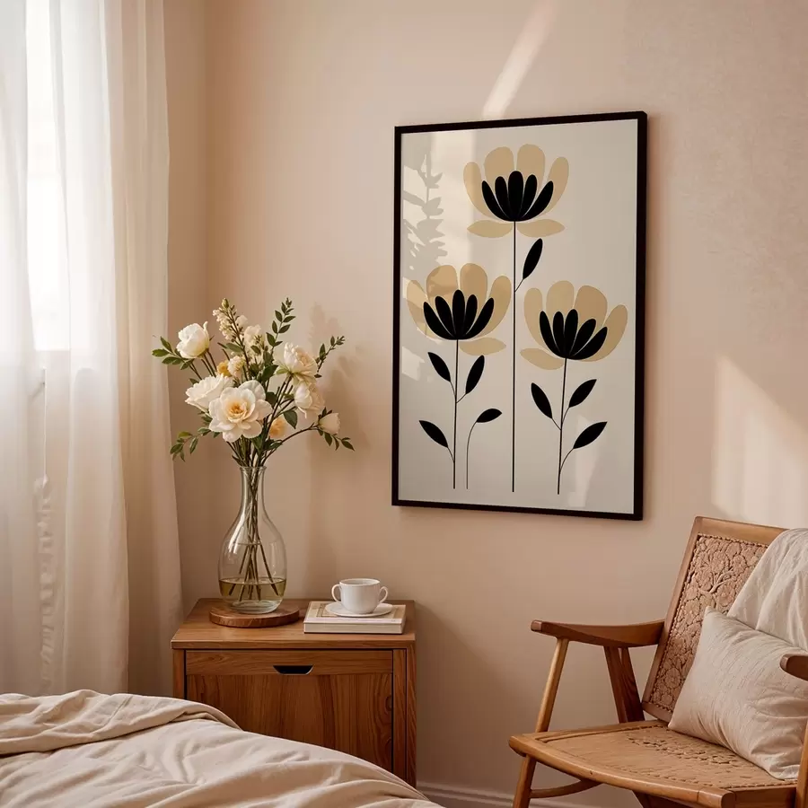 murales de pared Flores minimalistas en tonos negros y beige f48353