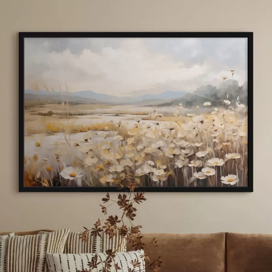 murales de pared Flores de campo junto al agua, en un estilo pictórico suave f48354