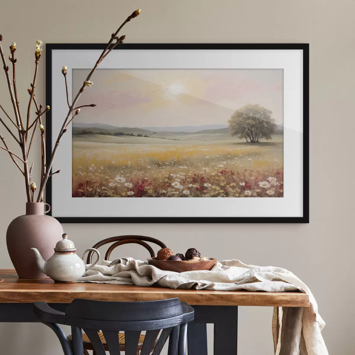 Poster Paisaje con un campo de flores y un árbol en el horizonte f48355