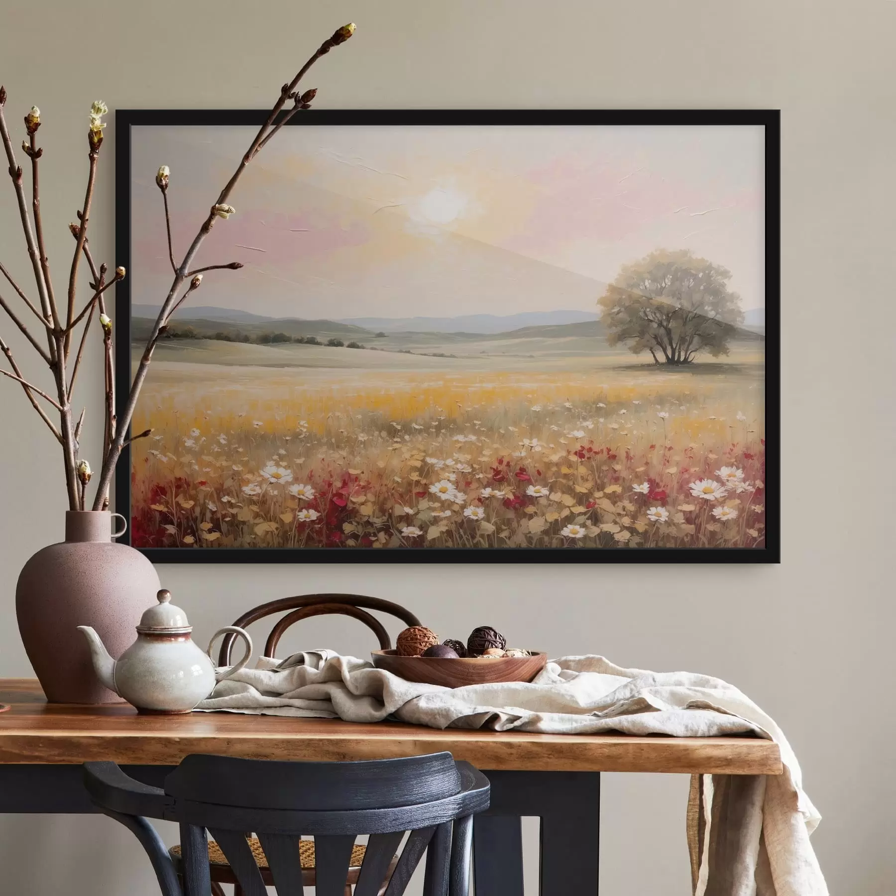 murales de pared Paisaje con un campo de flores y un árbol en el horizonte f48355