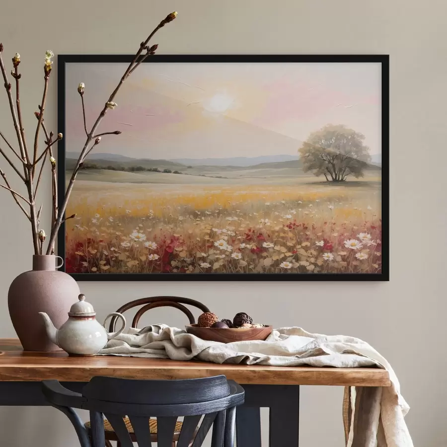 murales de pared Paisaje con un campo de flores y un árbol en el horizonte f48355