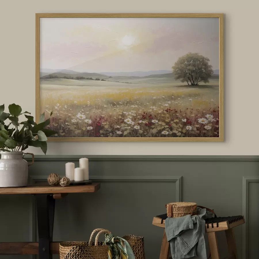 murales de pared Paisaje con un campo de flores y un árbol en el horizonte f48355
