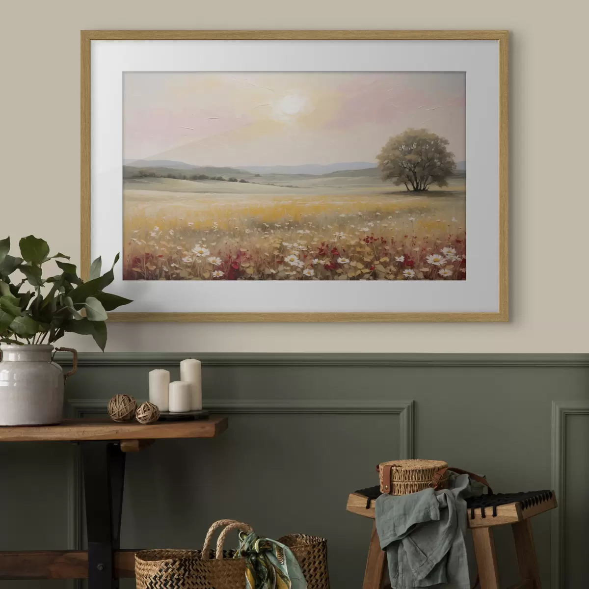 Poster Paisaje con un campo de flores y un árbol en el horizonte f48355