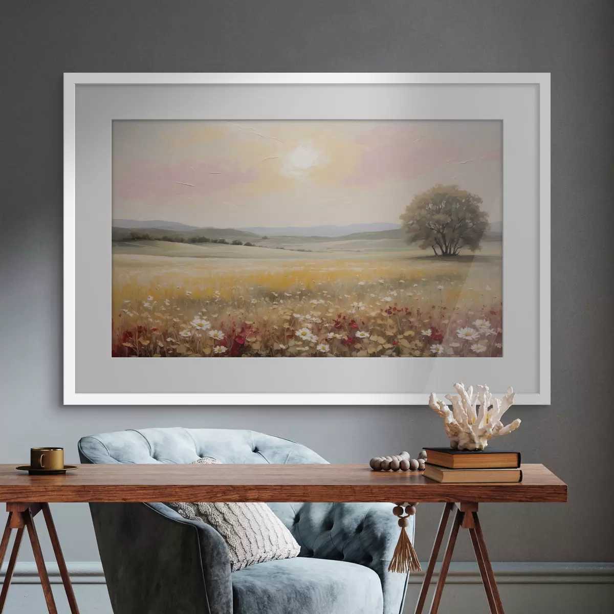 Poster Paisaje con un campo de flores y un árbol en el horizonte f48355