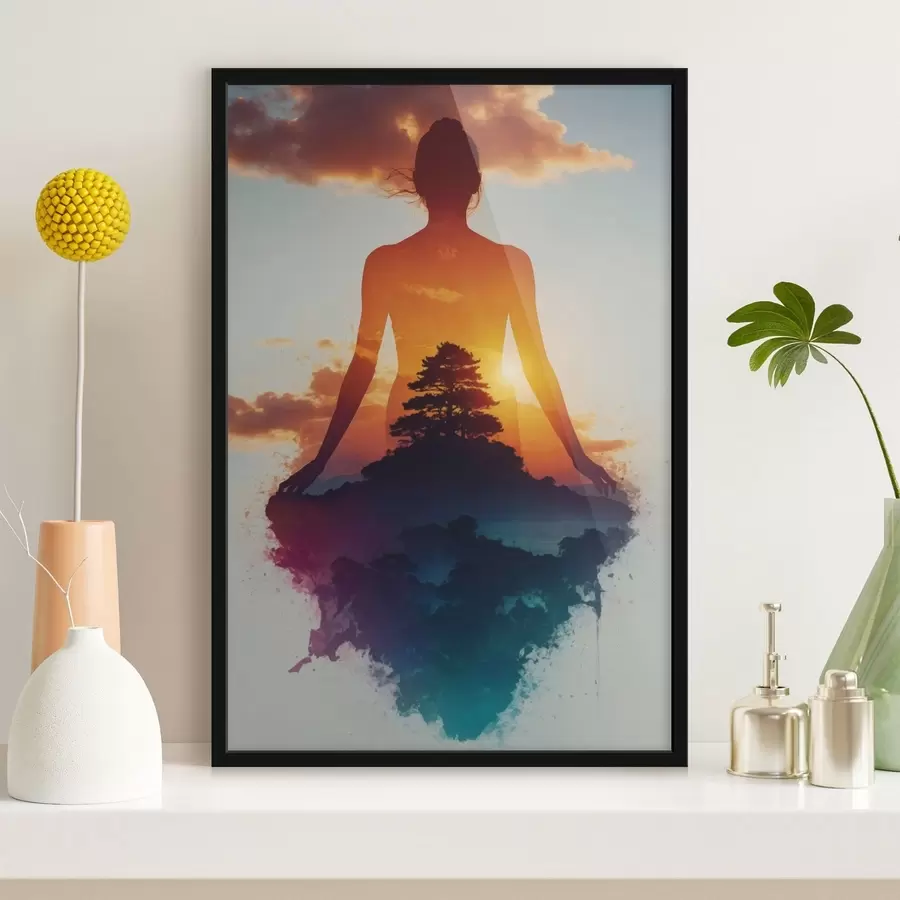 murales de pared Silueta humana con un paisaje al atardecer en el fondo f48364