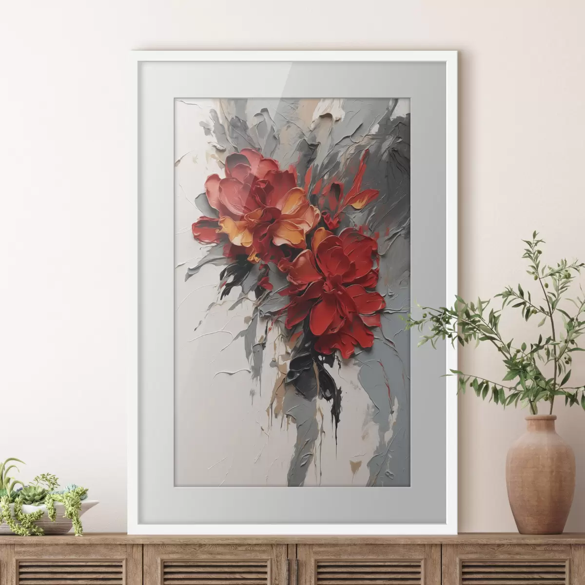 Poster Flores rojas con trazos texturados sobre un fondo claro f48365