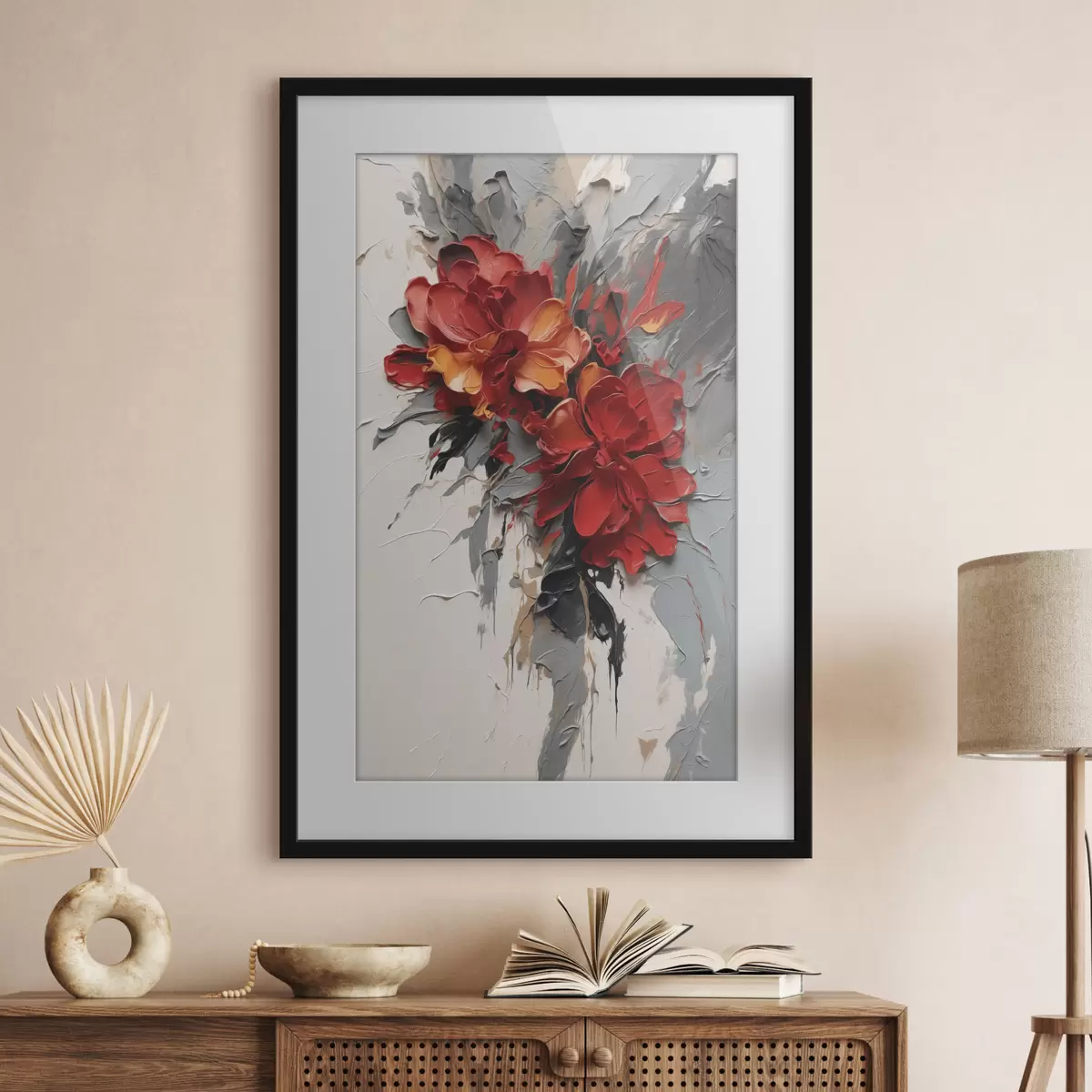 Poster Flores rojas con trazos texturados sobre un fondo claro f48365