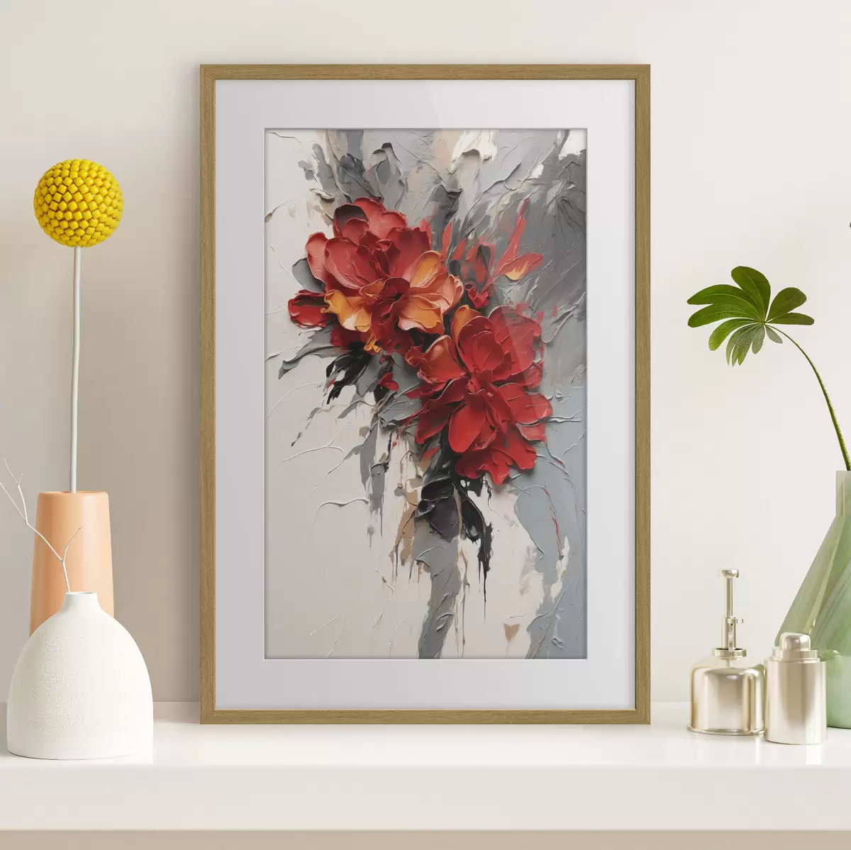 Poster Flores rojas con trazos texturados sobre un fondo claro f48365
