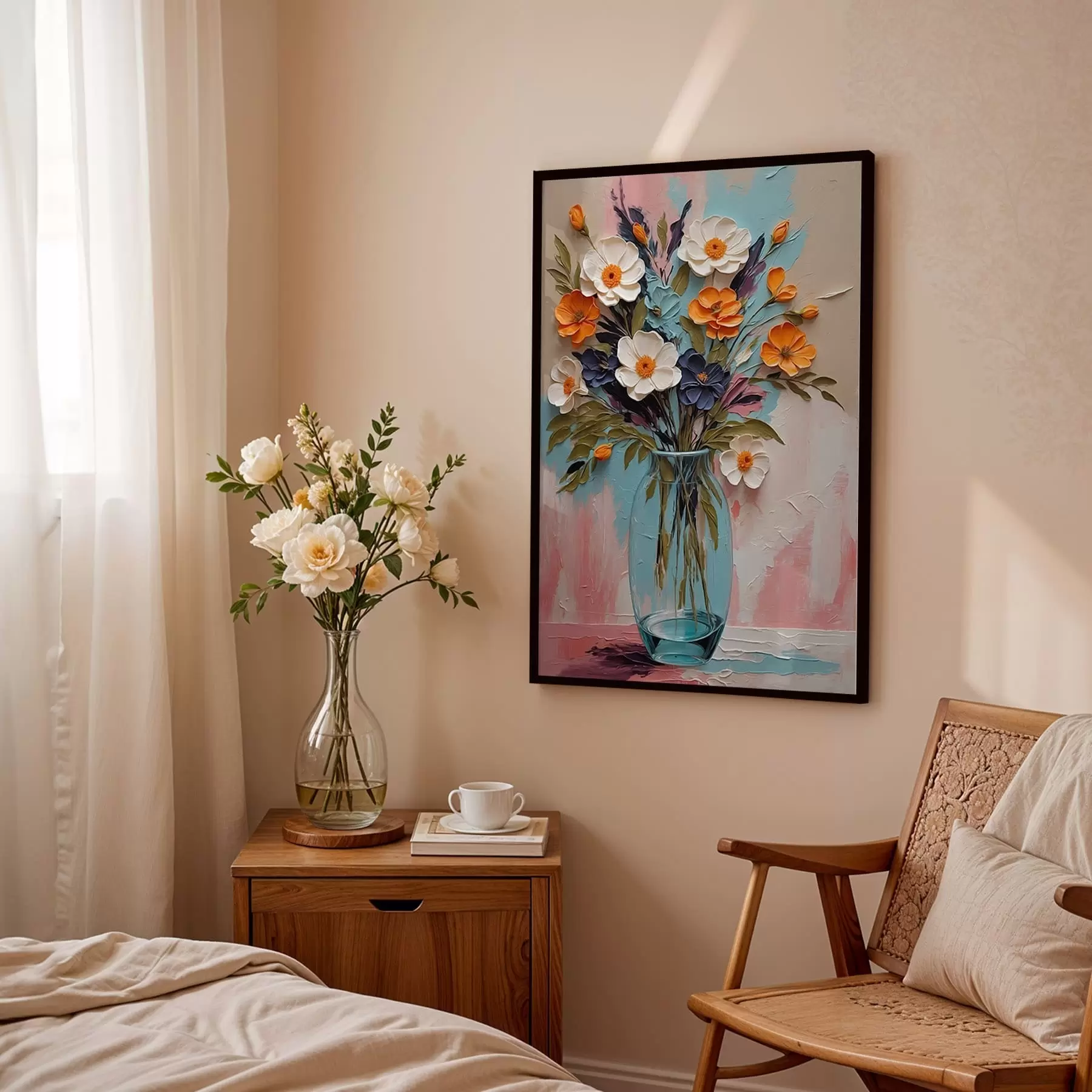 murales de pared Ramo de flores en un jarrón de cristal sobre un fondo colorido f48488