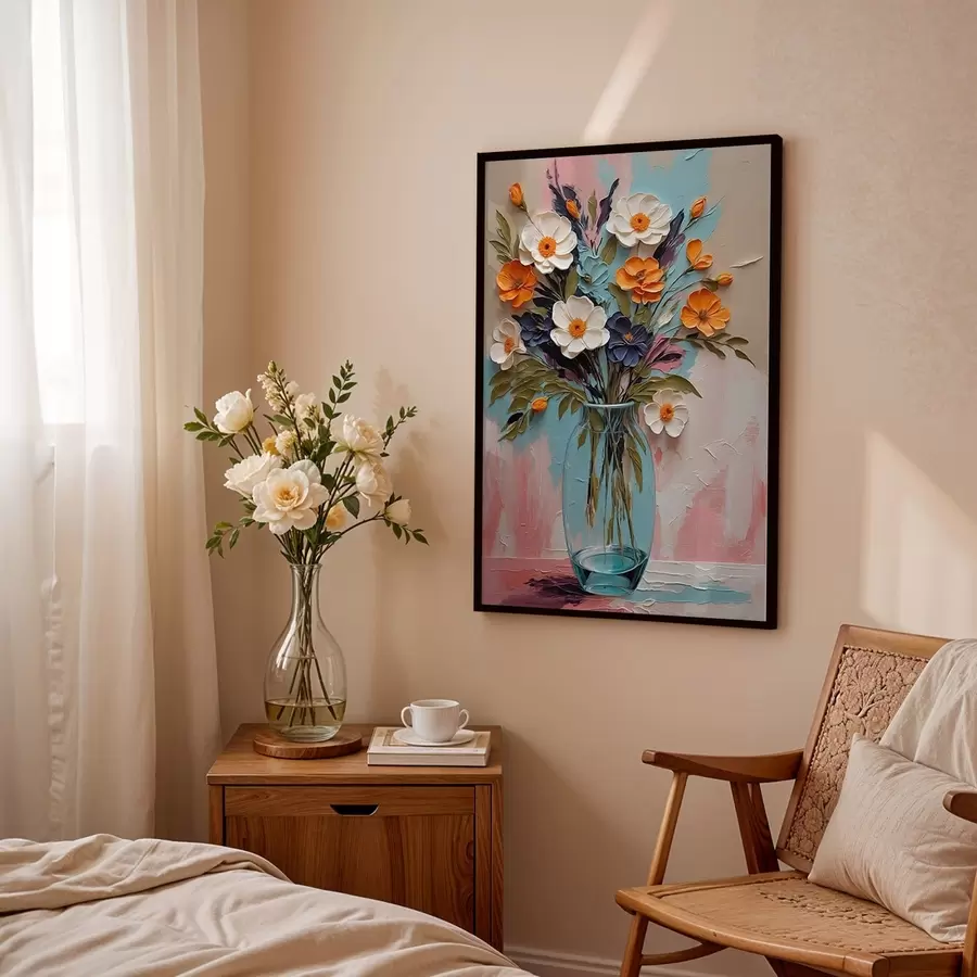 murales de pared Ramo de flores en un jarrón de cristal sobre un fondo colorido f48488