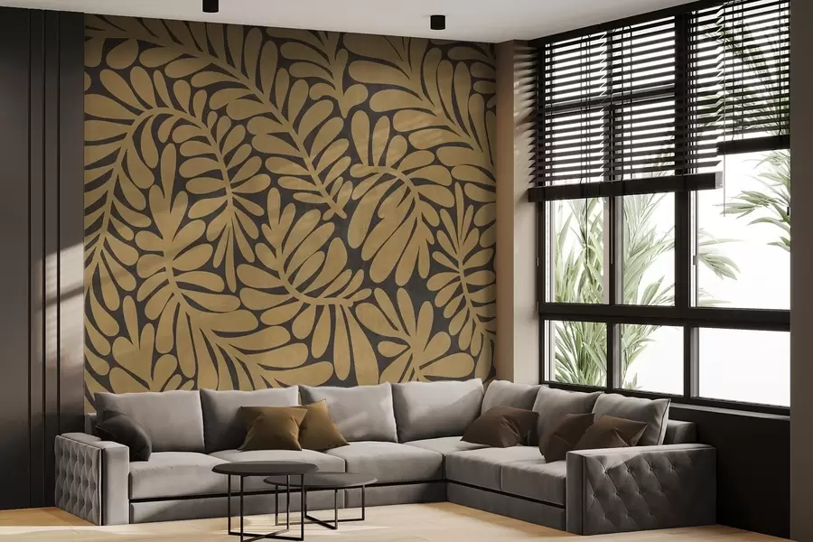 murales de pared Hojas de color amarillo mostaza estilizadas sobre un fondo gris oscuro, obra de arte con textura w09775