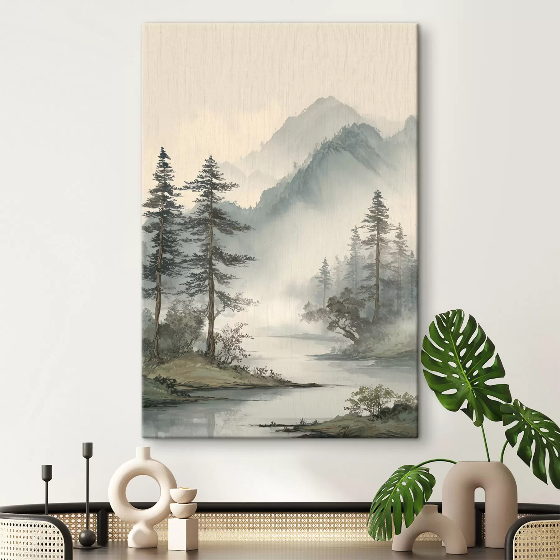 murales de pared un paisaje montañoso con pinos y un río s48532