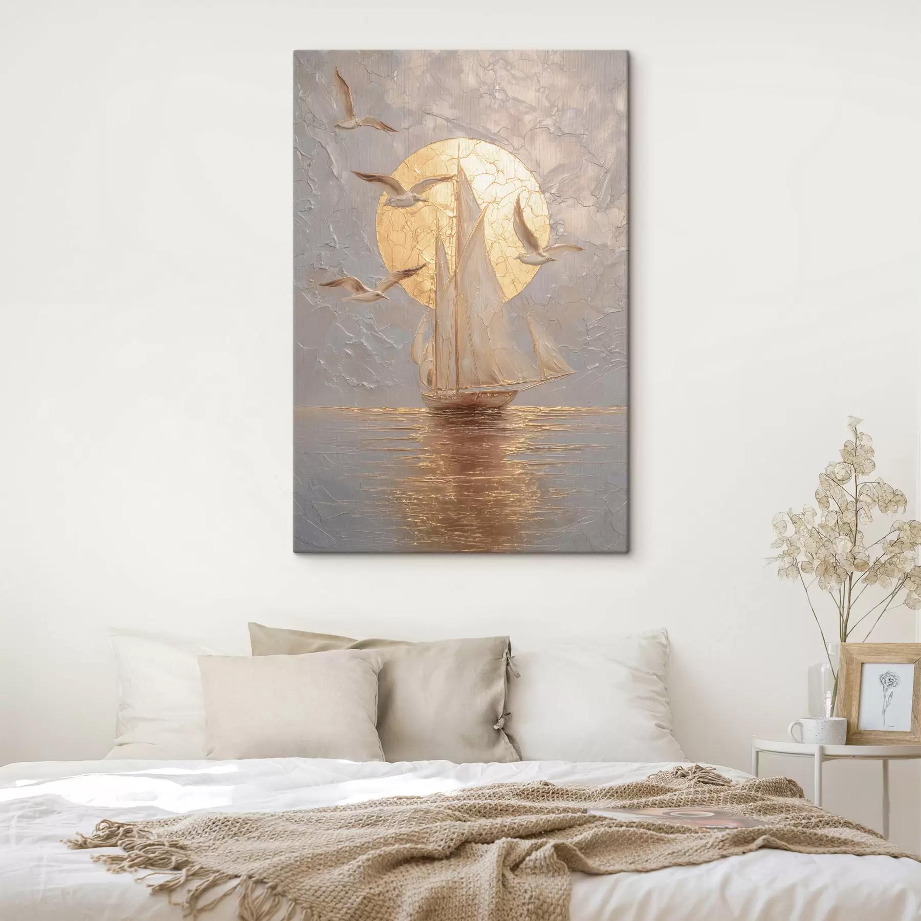 murales de pared un barco al atardecer, pintado con la técnica del impasto s48556