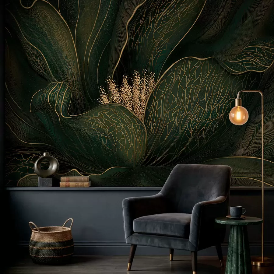 murales de pared Flor abstracta de color verde oscuro con detalles de líneas finas w05119v1