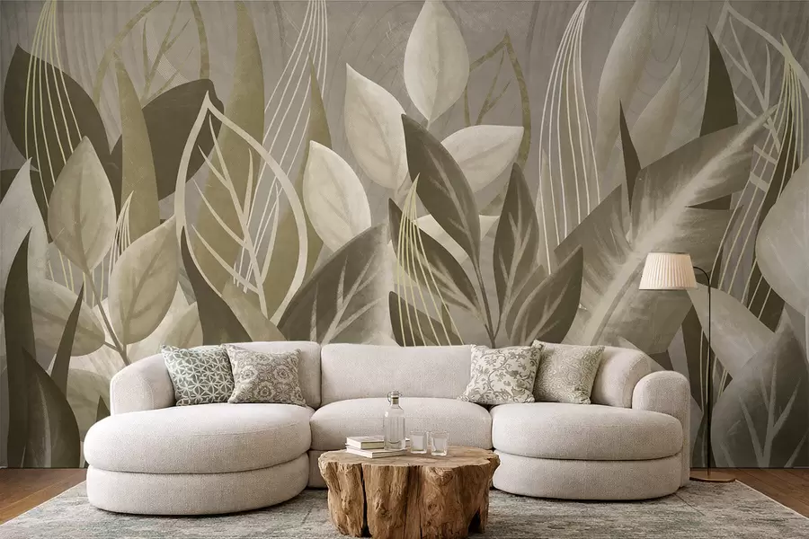 murales de pared Hojas abstractas en tonos beige y verde w05148