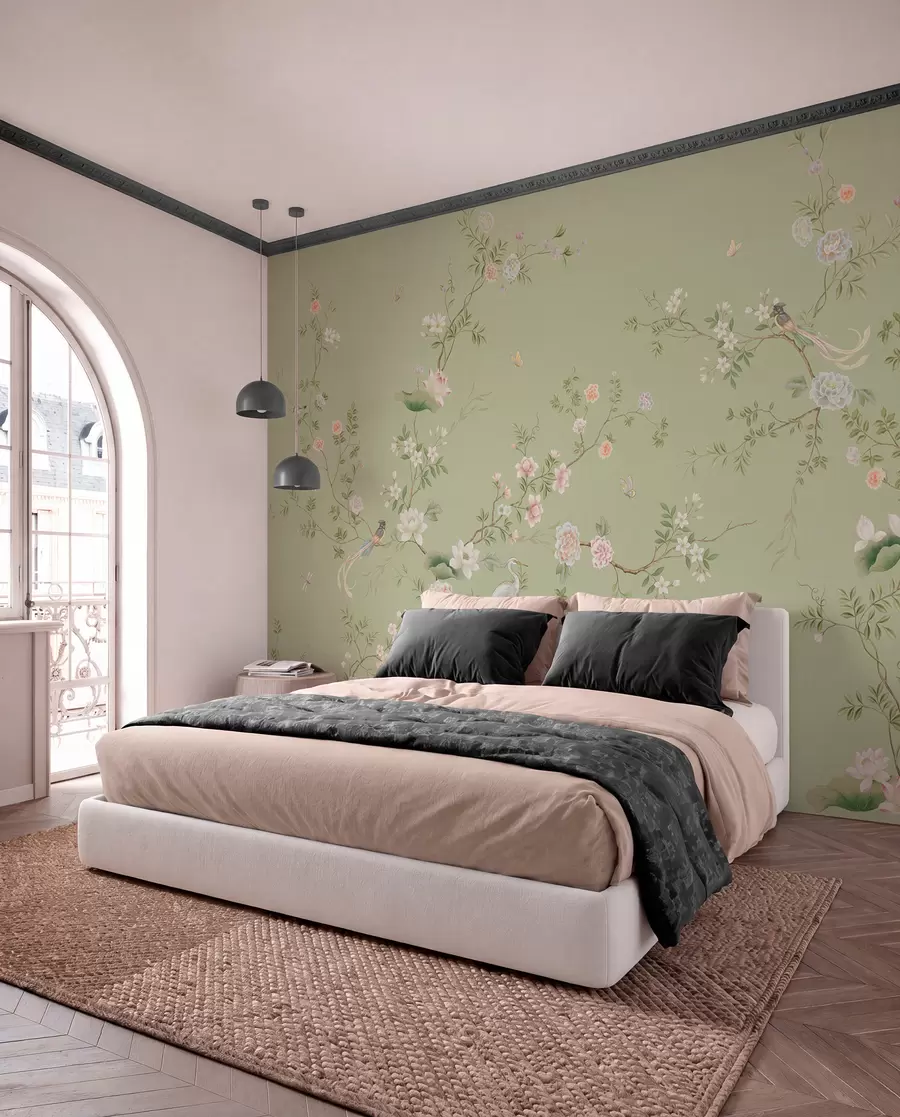 murales de pared Ramas en flor con pájaros sobre un fondo verde claro w05416