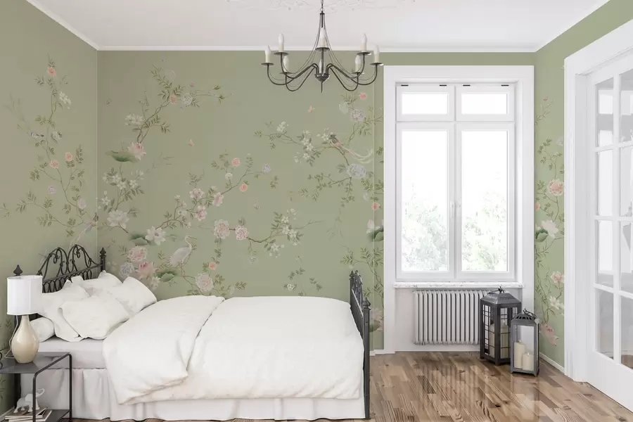 murales de pared Ramas en flor con pájaros sobre un fondo verde claro w05416