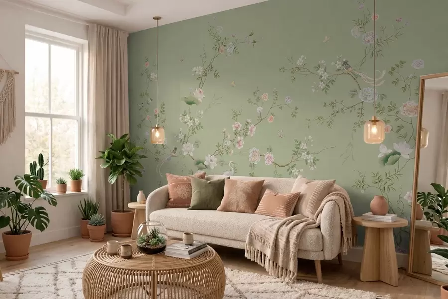 murales de pared Ramas en flor con pájaros sobre un fondo verde claro w05416