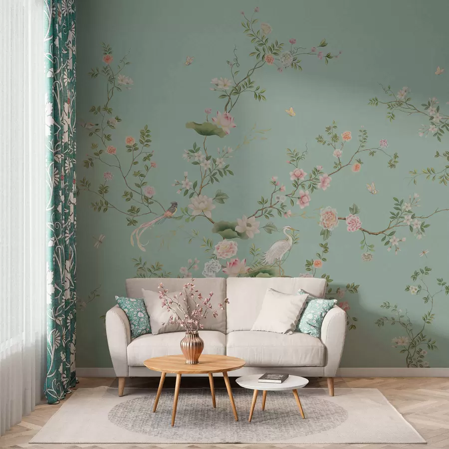 murales de pared Ramas en flor con pájaros sobre fondo azul w05416v1