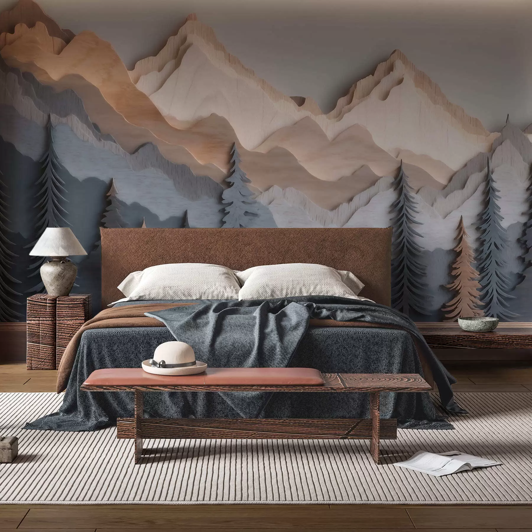 murales de pared Paisaje natural con pinos y montañas, en estilo de madera tallada w09793