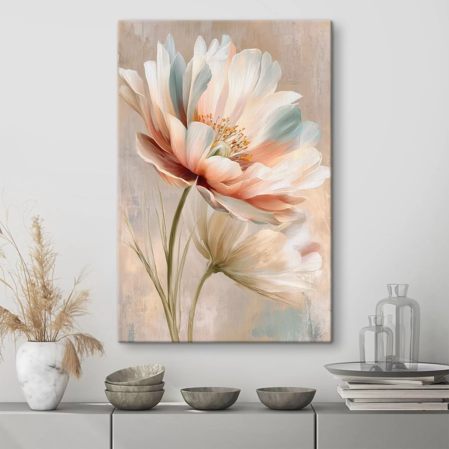 murales de pared Delicadas peonías en tonos beige y coral, al estilo de una pintura al óleo s48184