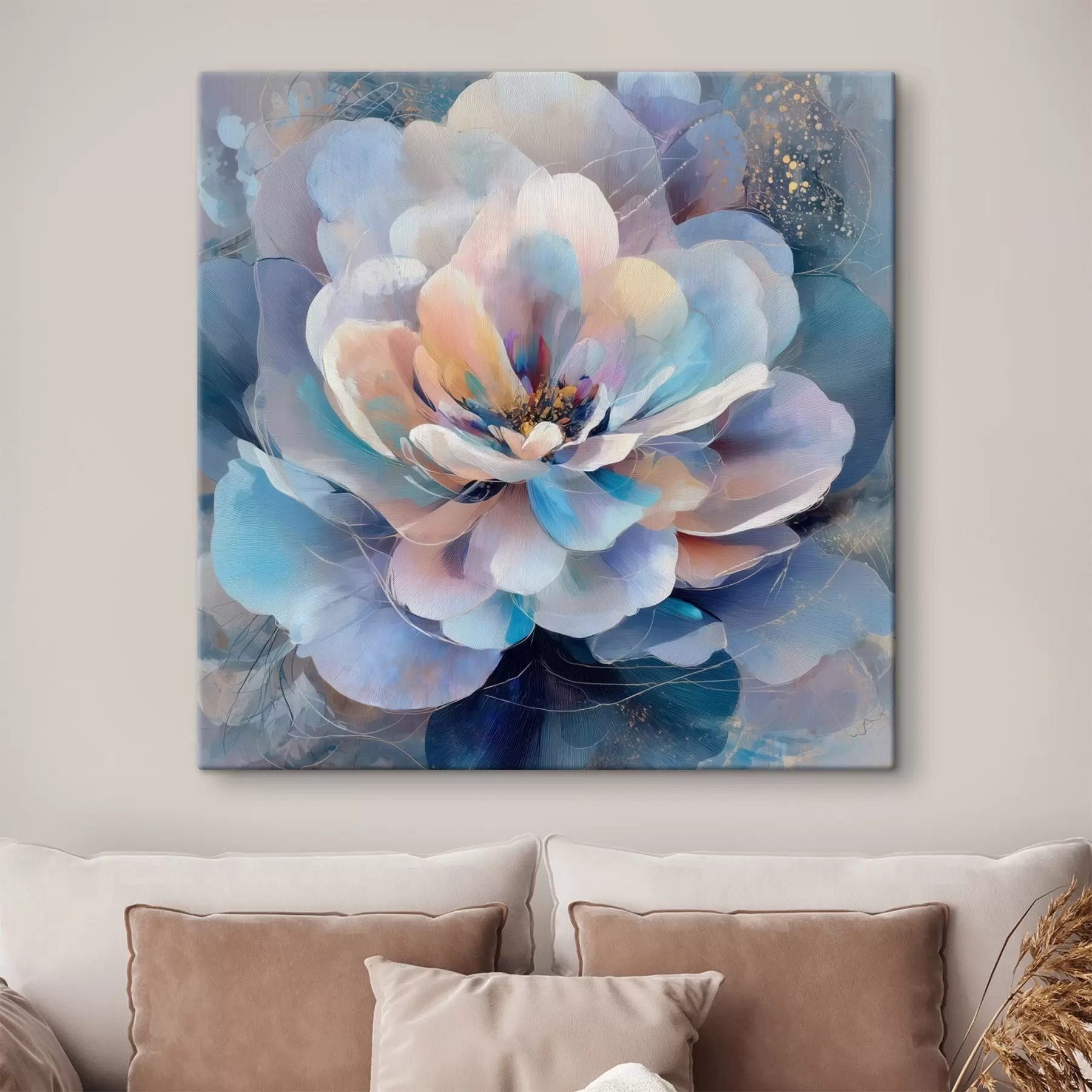 murales de pared Flor abstracta en tonos rosas y azules, en estilo pictórico contemporáneo s48185
