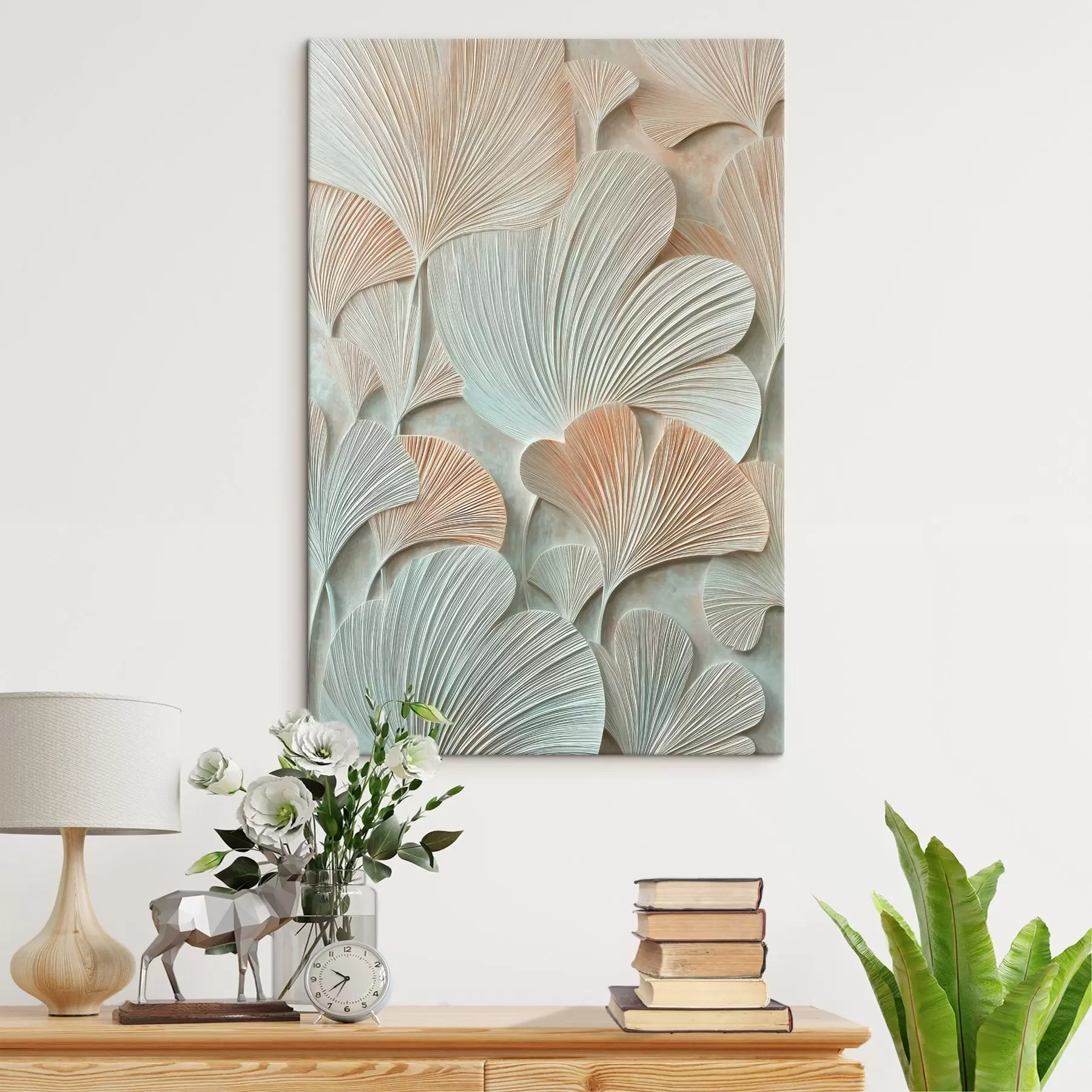 murales de pared Hojas de ginkgo biloba estilizadas con textura volumétrica en tonos pastel s48209