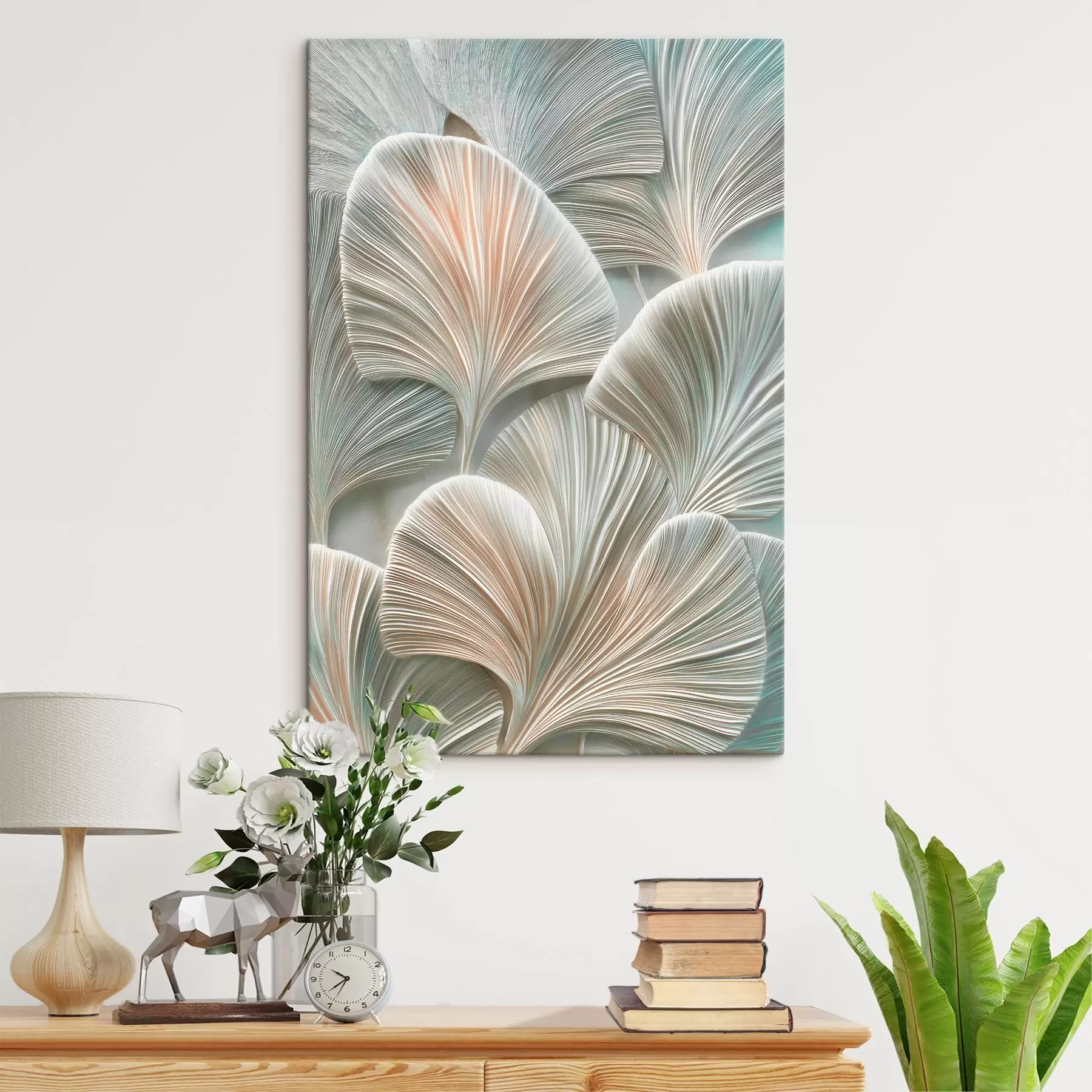 murales de pared Ilustración artística con hojas en relieve en estilo contemporáneo de bajorrelieve s48210