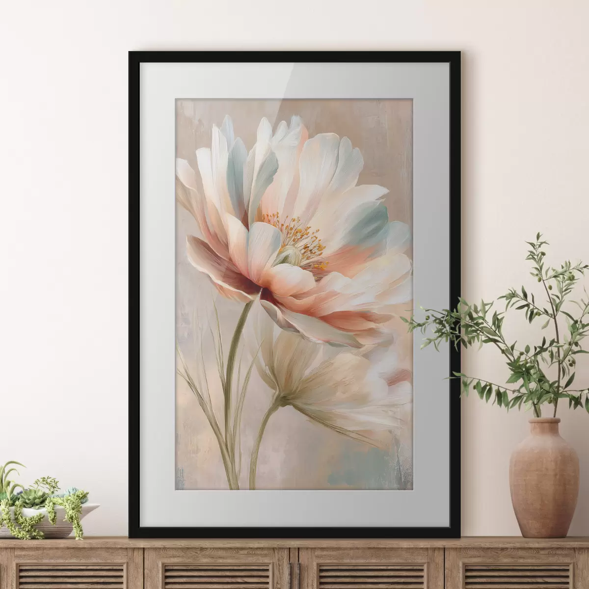 Poster Delicadas peonías en tonos beige y coral, al estilo de una pintura al óleo f48184