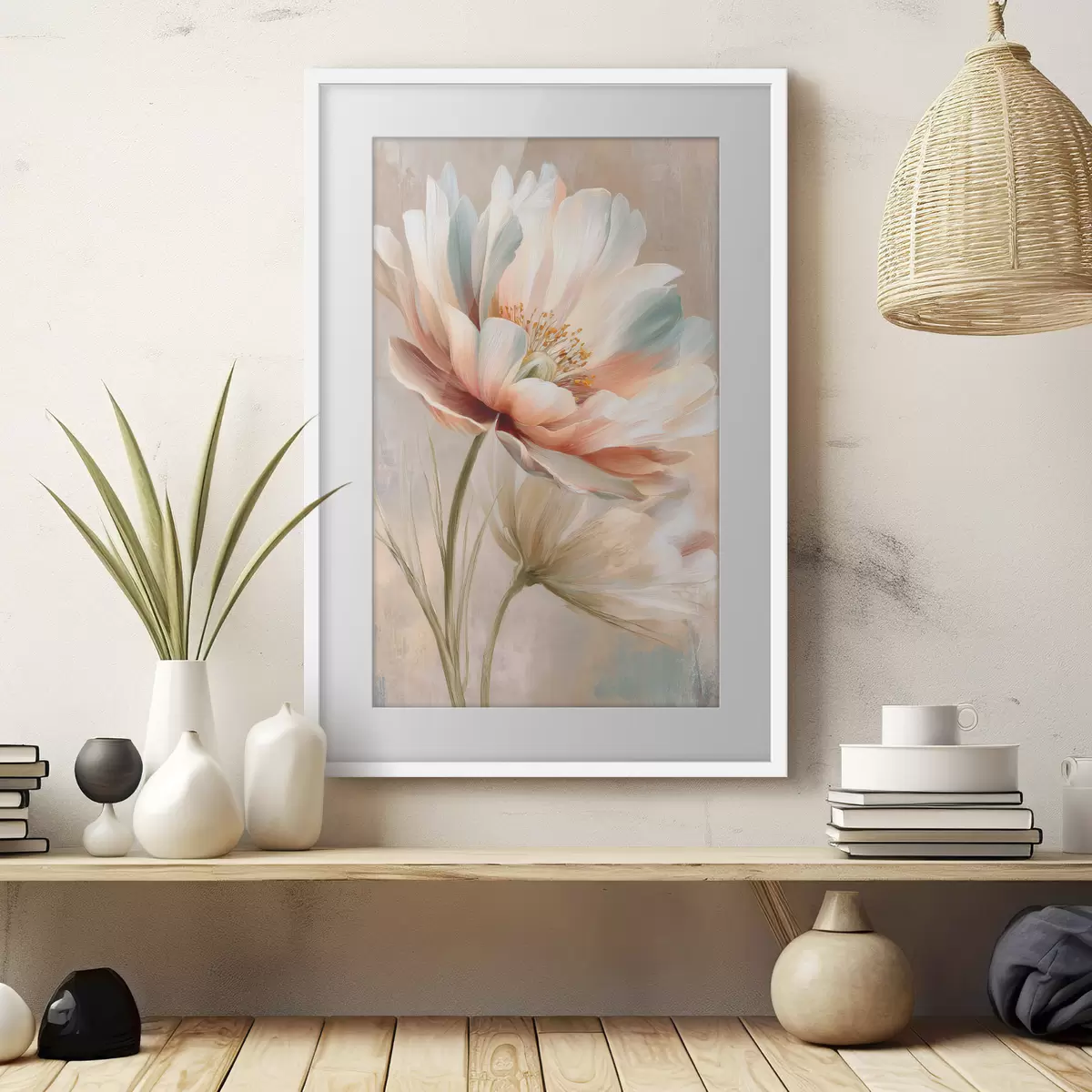 Poster Delicadas peonías en tonos beige y coral, al estilo de una pintura al óleo f48184