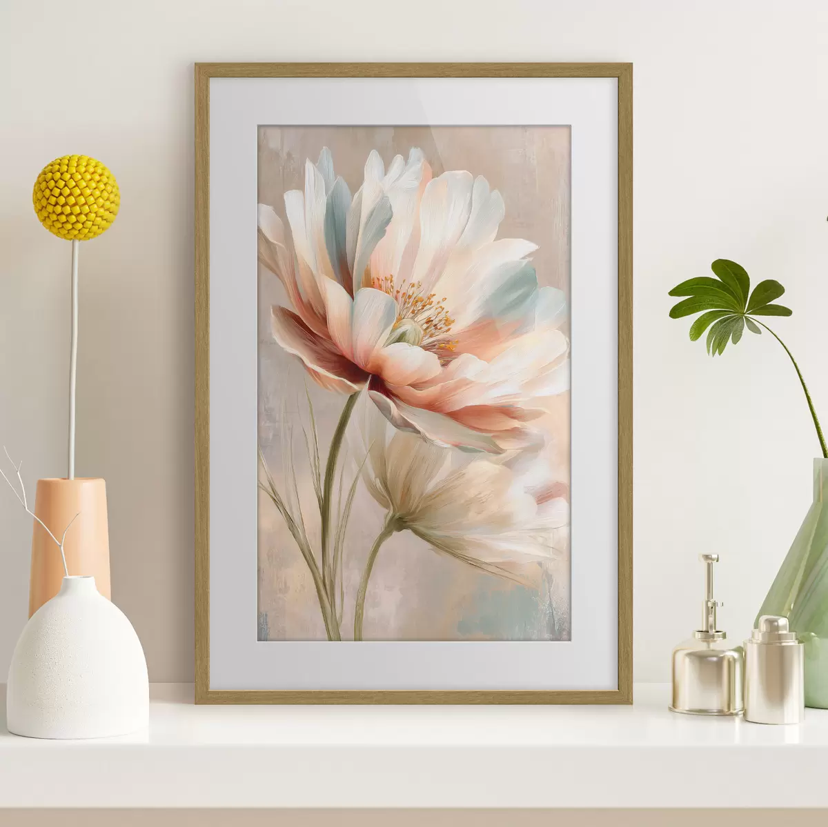 Poster Delicadas peonías en tonos beige y coral, al estilo de una pintura al óleo f48184