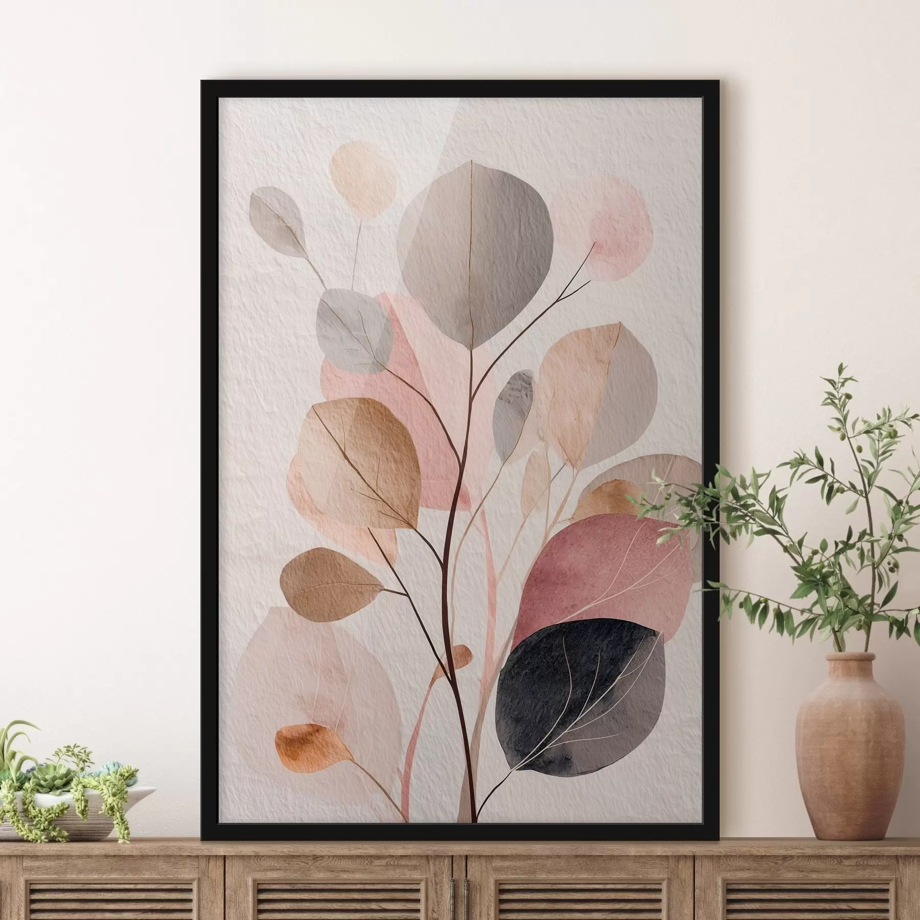 murales de pared Rama abstracta con hojas redondeadas en tonos cálidos de beige y coral f48187