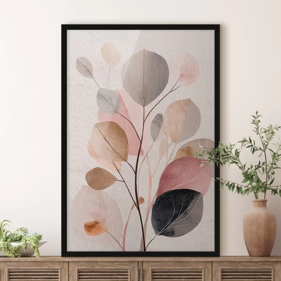 murales de pared Rama abstracta con hojas redondeadas en tonos cálidos de beige y coral f48187