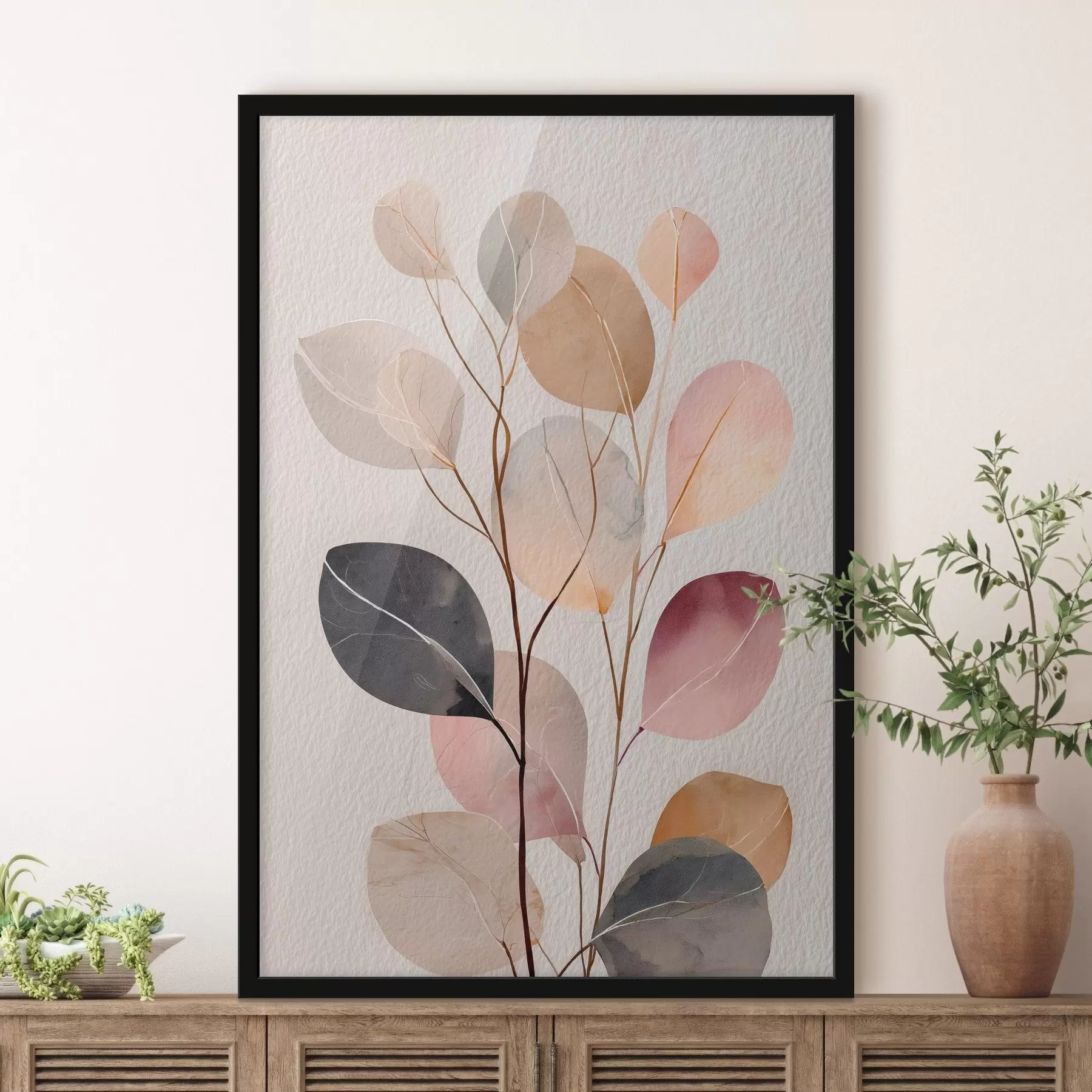 murales de pared Rama abstracta en tonos beige y coral, en estilo acuarela f48188