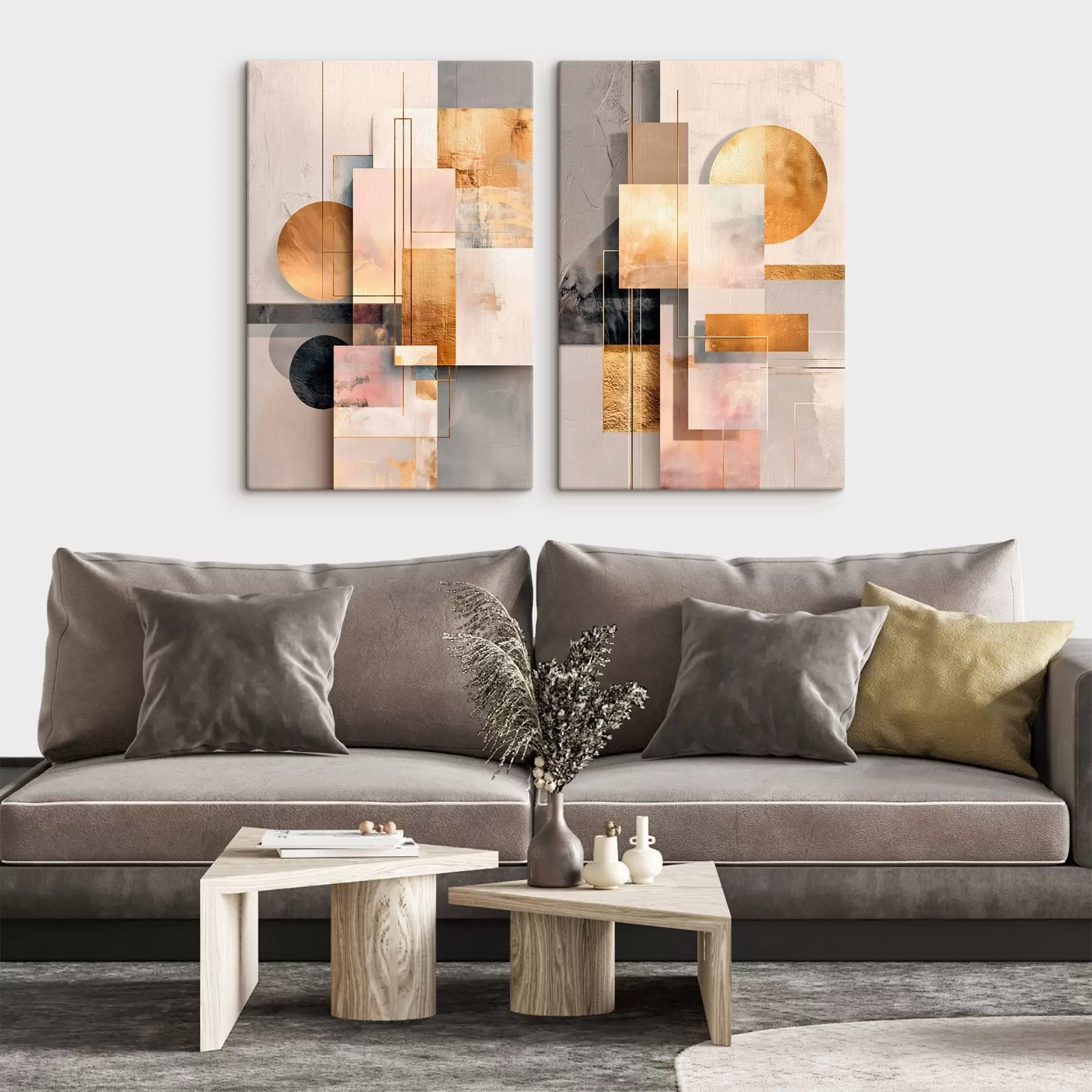 murales de pared Abstracción geométrica con toques de cobre y beige en un estilo gráfico moderno m30138
