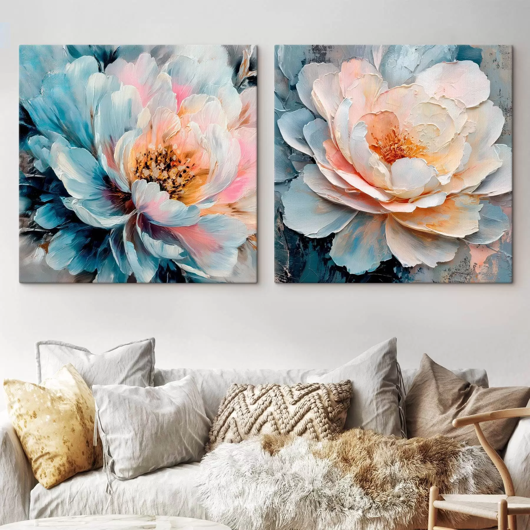 murales de pared Composición floral abstracta en tonos rosas y azules con pétalos texturados m30148