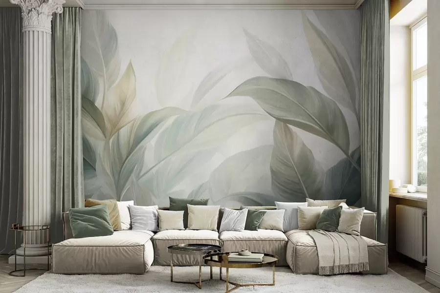 murales de pared Hojas tropicales grandes de color verde pálido con tonos suaves y pasteles, obra de arte con textura w09816