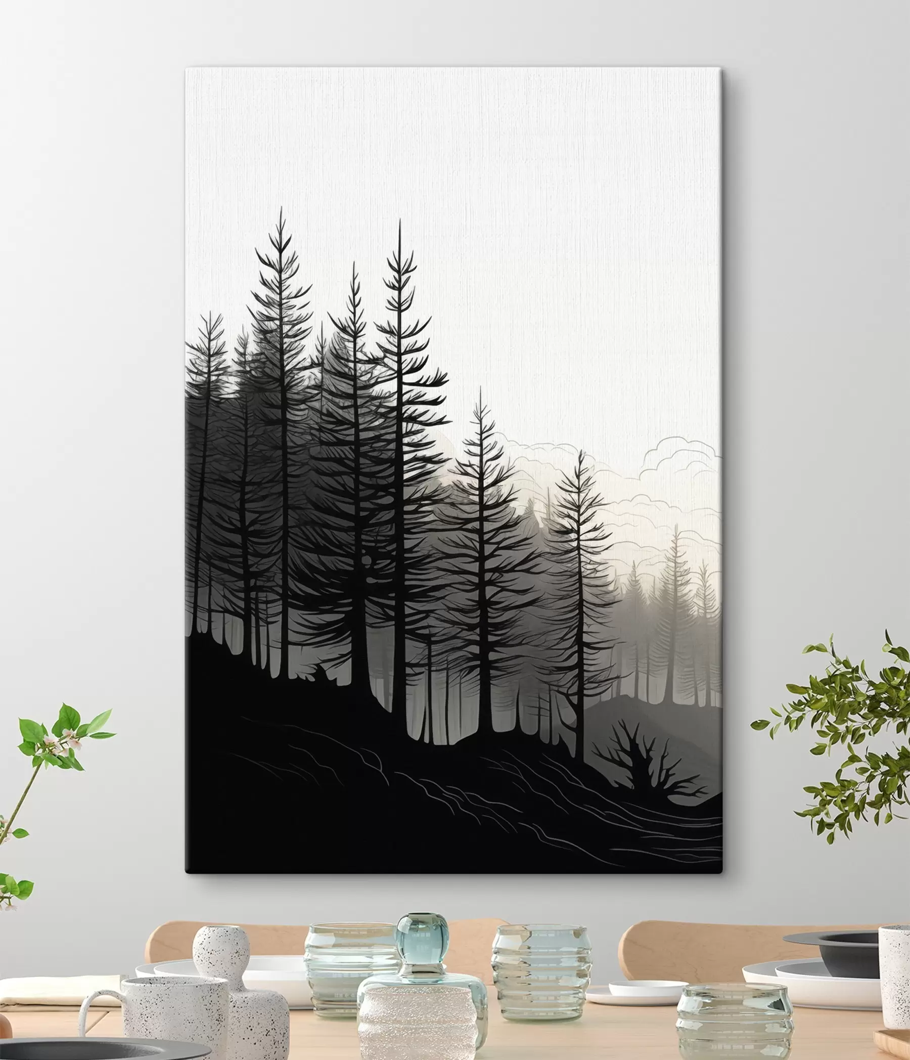 murales de pared Bosque brumoso, paisaje en blanco y negro s48573