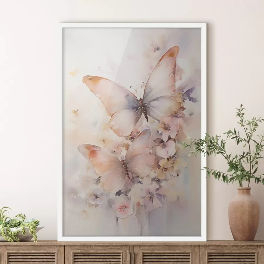 murales de pared Delicadas flores con mariposas, en tonos pastel f48563