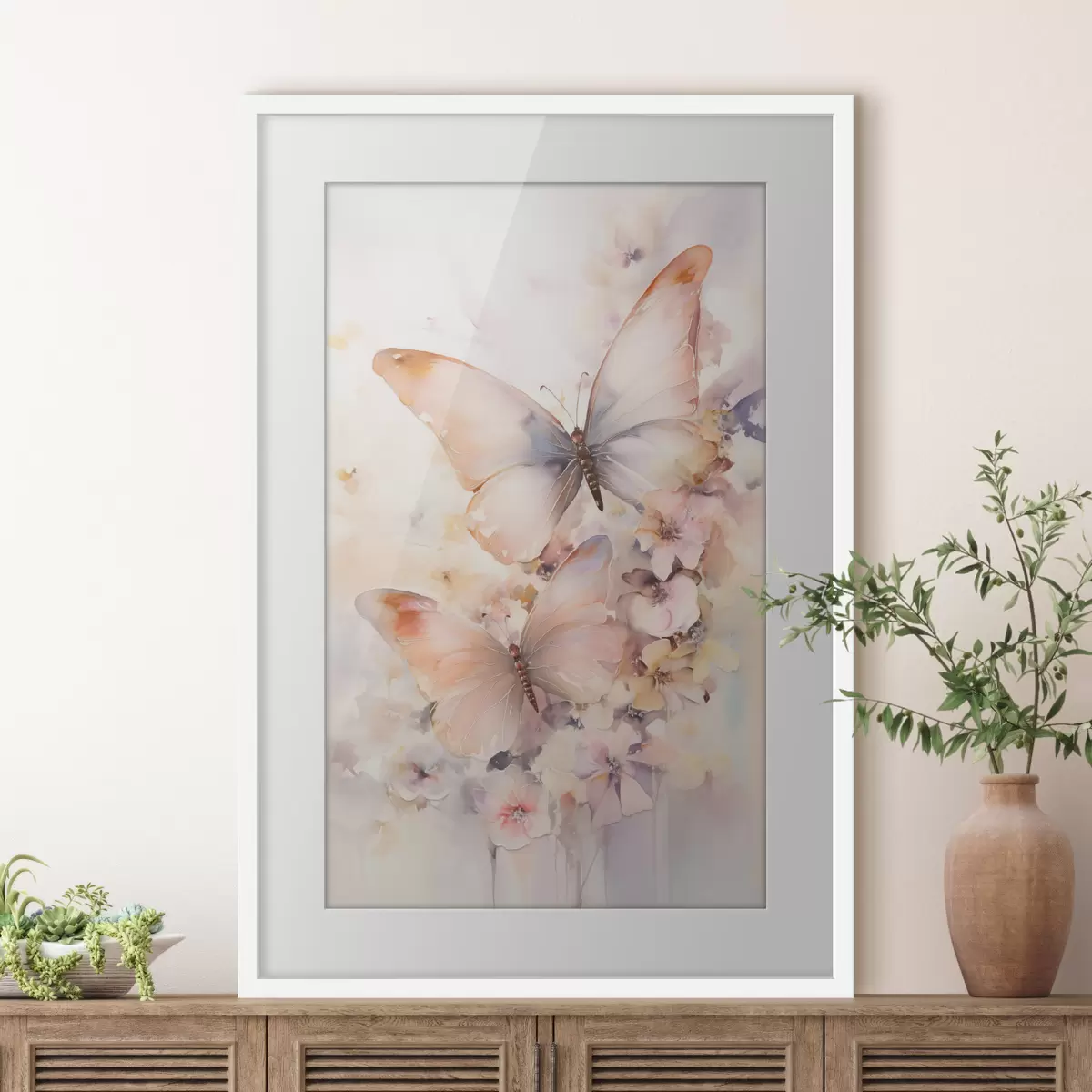 Poster Delicadas flores con mariposas, en tonos pastel f48563