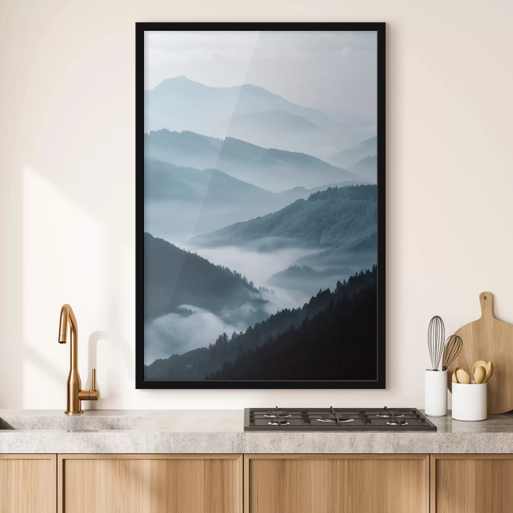 murales de pared Montañas brumosas, paisaje azul f48567