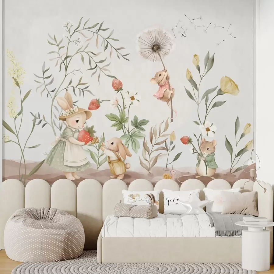 murales de pared Ilustración infantil de un conejito y un ratoncito entre plantas y flores w05422