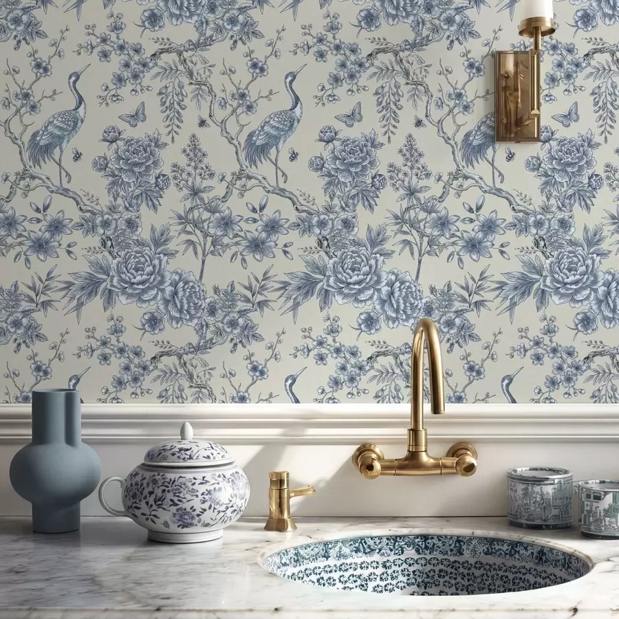 murales de pared Adorno floral azul con un pájaro y ramas a01132