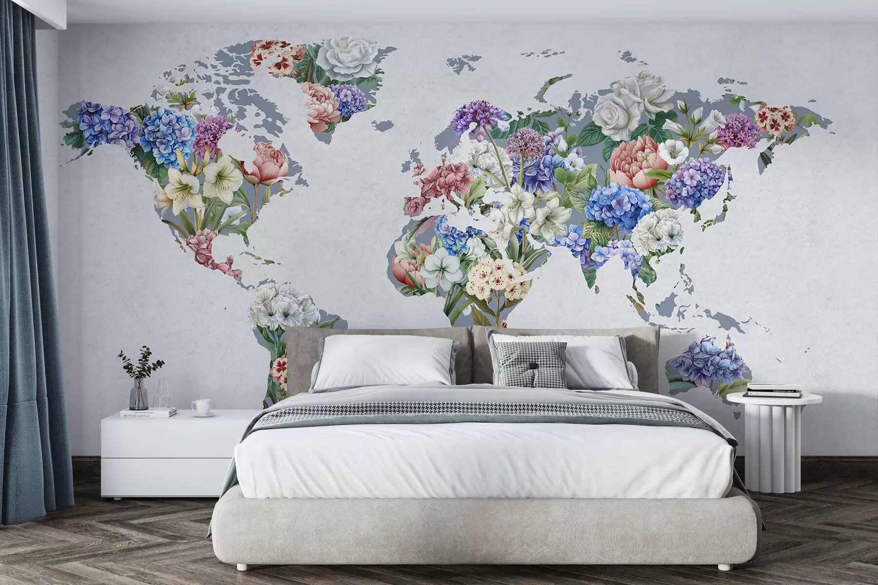 murales de pared Un colorido mapa del mundo elaborado con una gran variedad de flores de vivos colores c00006