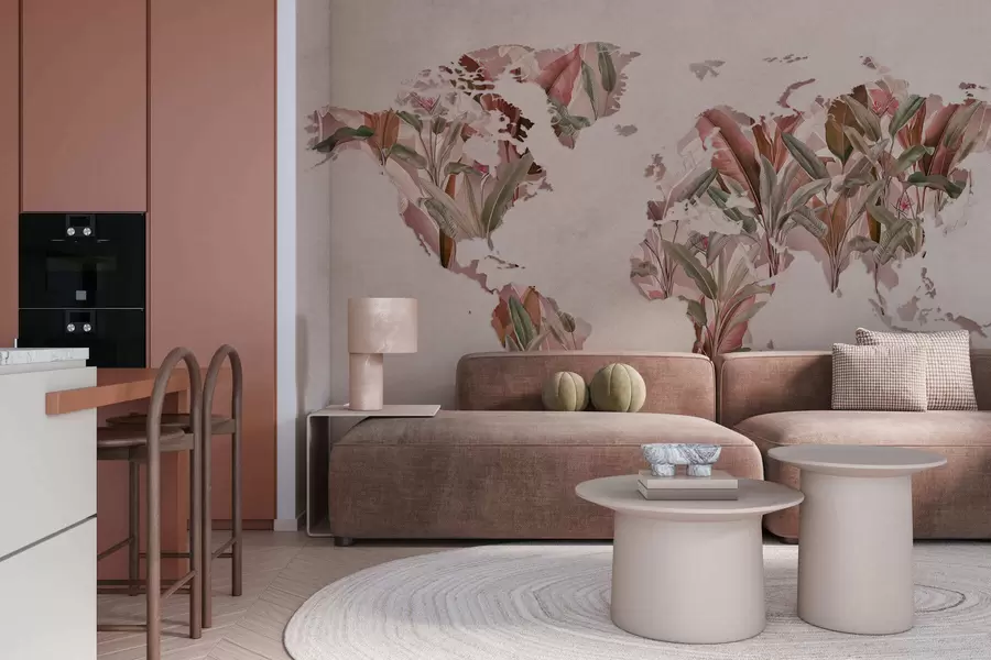 murales de pared Un mapamundi rosa hecho con hojas de plátano c00007v2