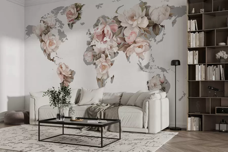 murales de pared Un delicado y cremoso mapamundi hecho con flores c00008