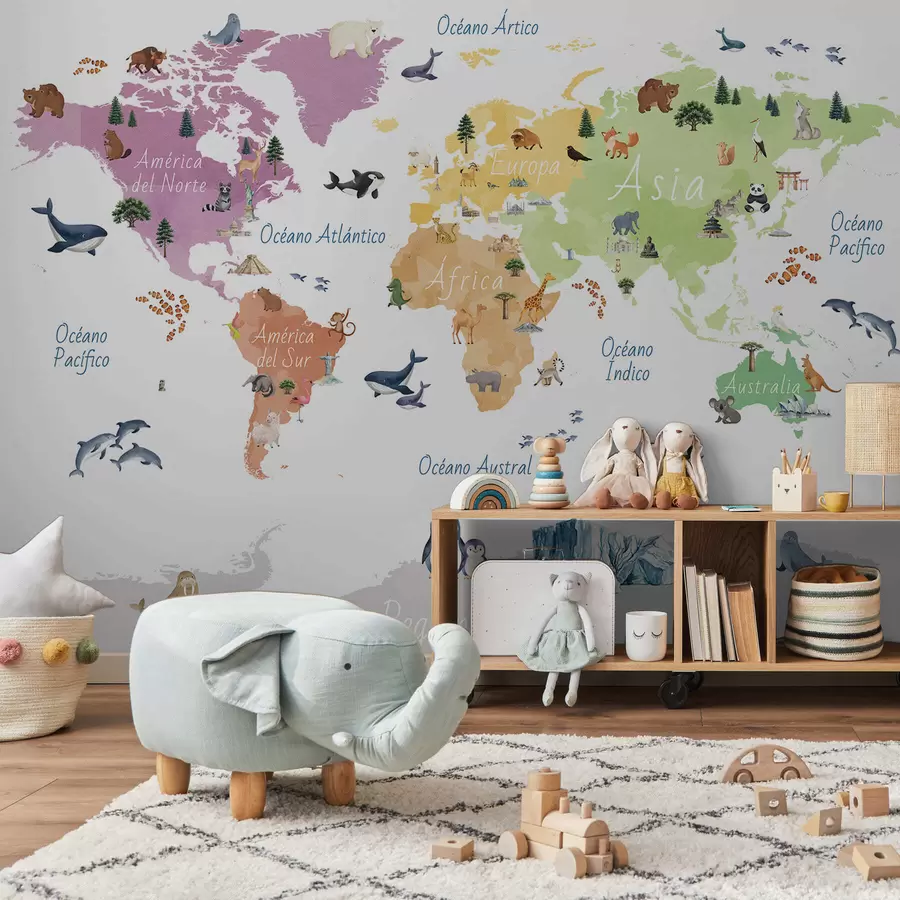 murales de pared Un mapa a color con estilo de acuarela en el que aparecen animales, plantas y arquitectura. Etiquetas en español c00009es